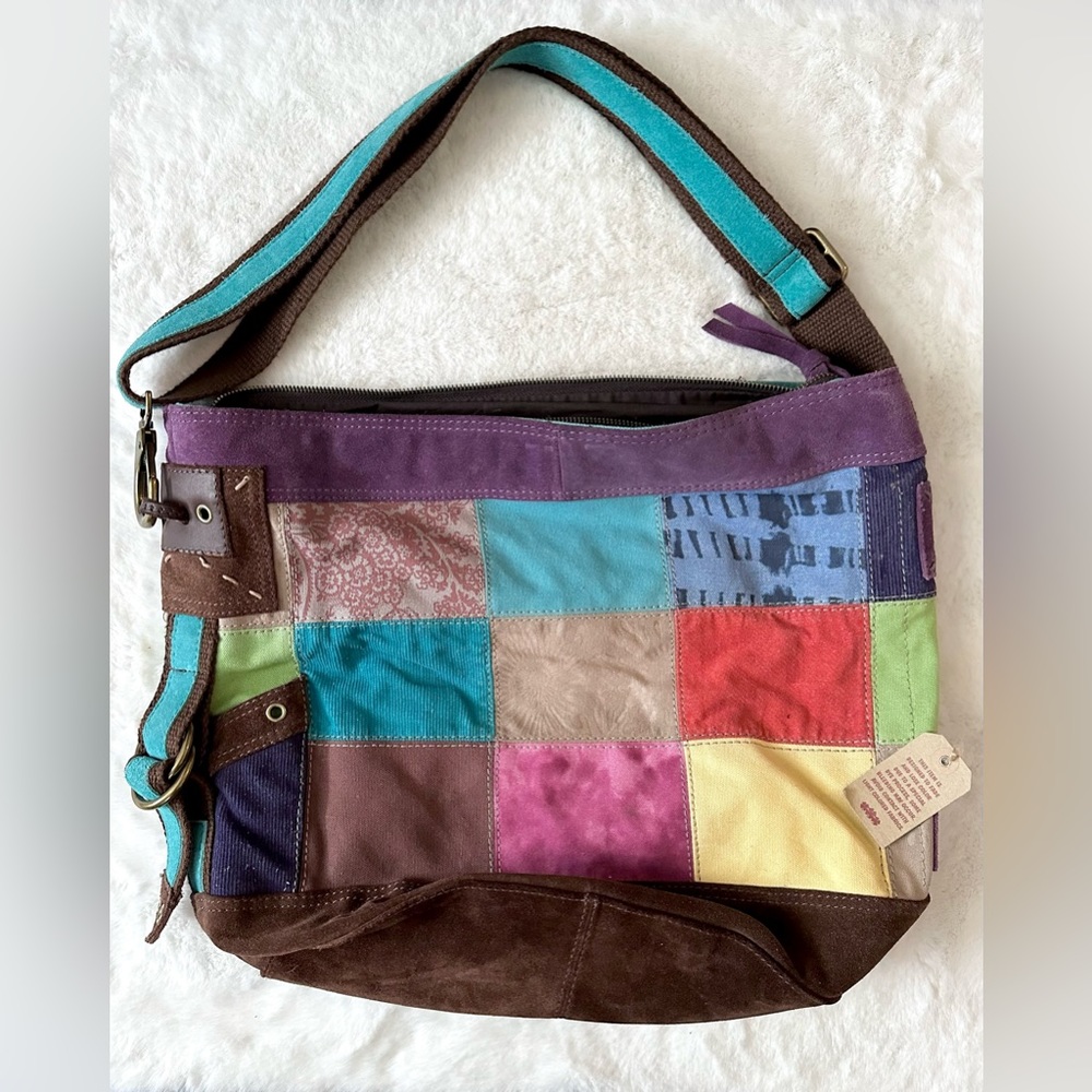 NEW Vintage Lucky Brand Patchwork Crossbody Messenger Bag Leather Suede Corduroy